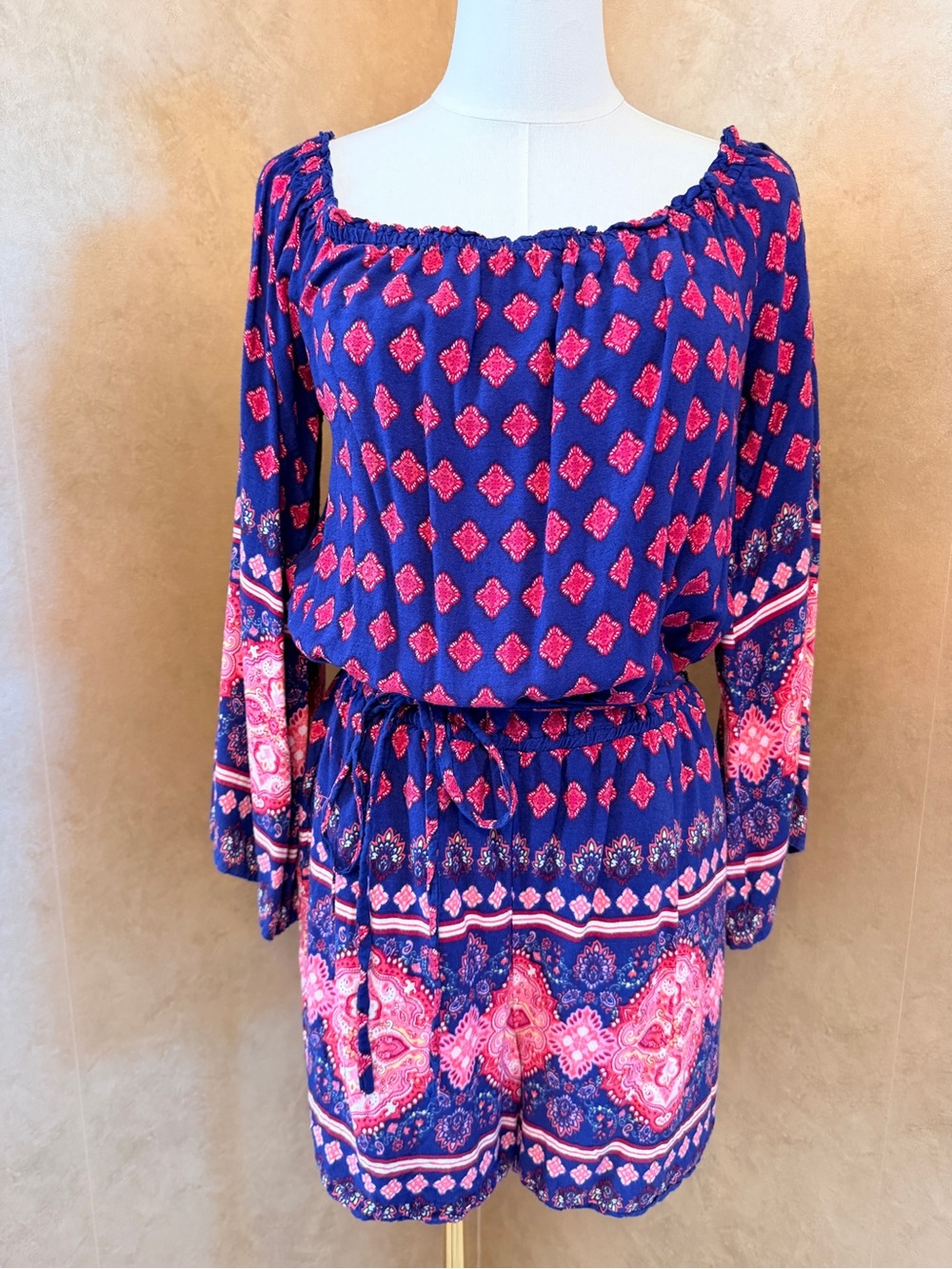 New York & Company Navy and Red Boho Off-Shoulder Tunic